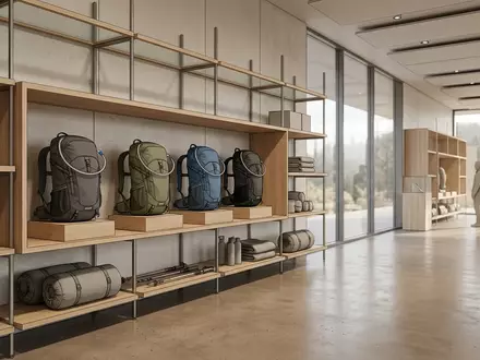 Architektur-Render im Outdoorladen mit Trinkrucksack zum Thema Deuter Streamer 3L Trinksystem, neutrales Tageslicht - Foto: THN