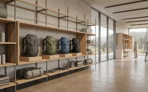 Architektur-Render im Outdoorladen mit Trinkrucksack zum Thema Deuter Streamer 3L Trinksystem, neutrales Tageslicht - Foto: THN