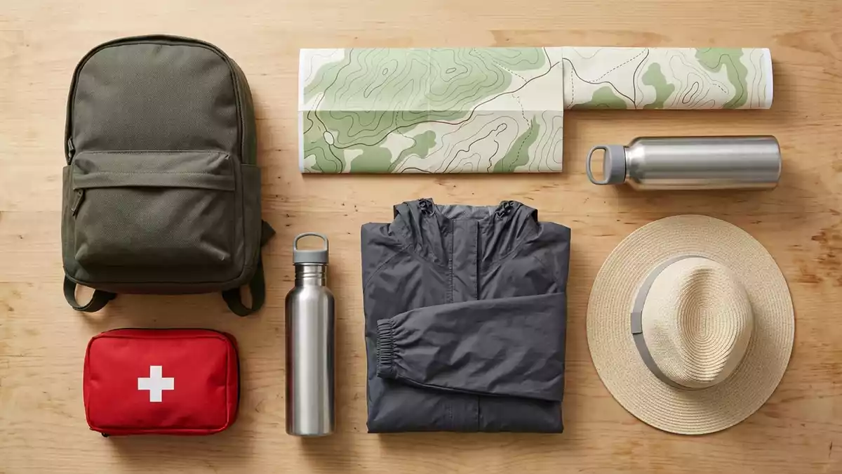 Flatlay-Arrangement rund um Trinkrucksack mit passenden Requisiten von oben, neutral