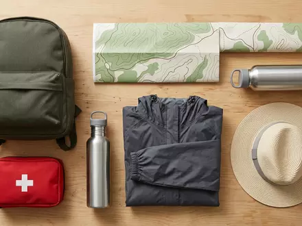 Flatlay-Arrangement rund um Trinkrucksack zum Thema Deuter Streamer 3L Trinksystem, weiches Oberlicht - Foto: THN