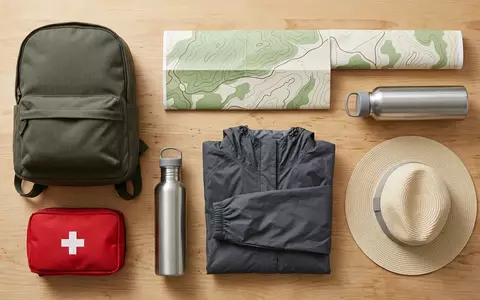 Flatlay-Arrangement rund um Trinkrucksack zum Thema Deuter Streamer 3L Trinksystem, weiches Oberlicht - Foto: THN