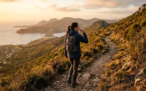 Fotorealistische Aufnahme von Trinkrucksack am Huegel zum Thema Deuter Streamer 3L Trinksystem, warmes Abendlicht - Foto: THN