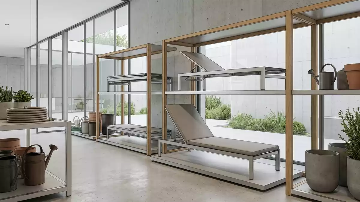Architektur-Render im Gartenmoebelladen mit Gartenliege im Ausstellungsbereich