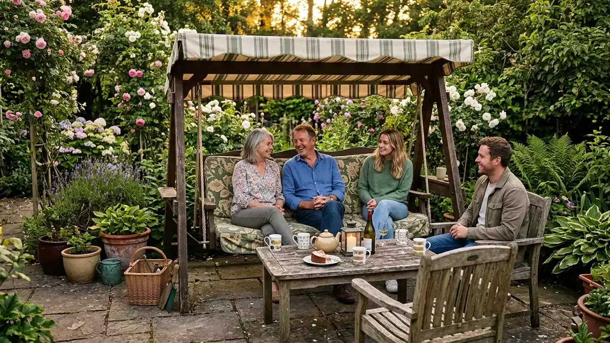 Fotorealistische Ansicht von Gartenschaukel im Garten in warmem Abendlicht, neutral