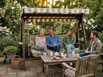 Fotorealistische Aufnahme von Gartenschaukel im Garten zum Thema Deuba Hollywoodschaukel 3-Sitzer mit, warmes Abendlicht - Foto: THN