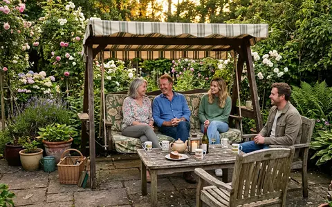 Fotorealistische Aufnahme von Gartenschaukel im Garten zum Thema Deuba Hollywoodschaukel 3-Sitzer mit, warmes Abendlicht - Foto: THN