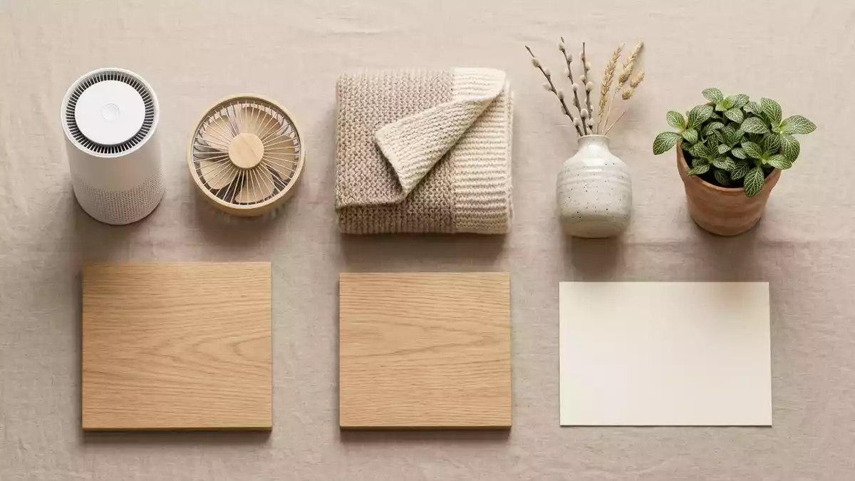 Flatlay-Arrangement rund um Luftreiniger mit passenden Requisiten von oben, neutral