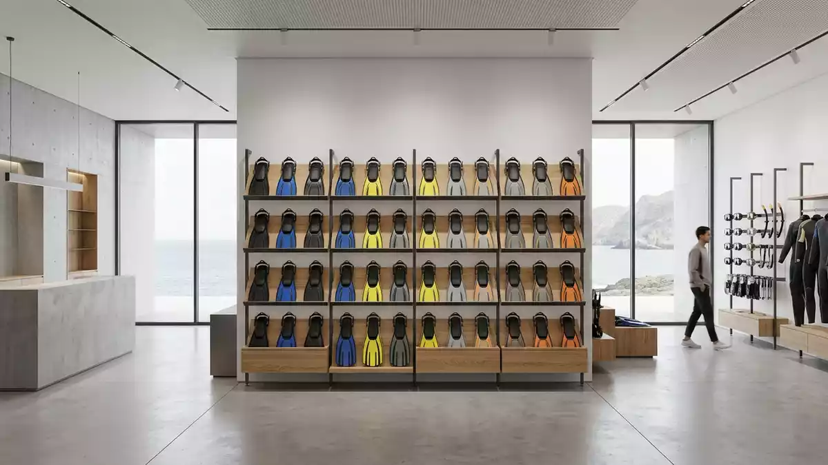 Architektur-Render im Tauchgeschaeft mit Schnorchelflossen im Ausstellungsbereich