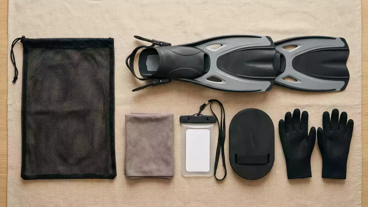 Flatlay-Arrangement rund um Schnorchelflossen mit passenden Requisiten von oben