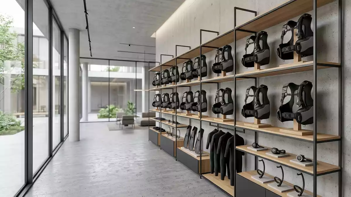 Architektur-Render im Tauchgeschaeft mit Tarierjacket im Ausstellungsbereich, neutral
