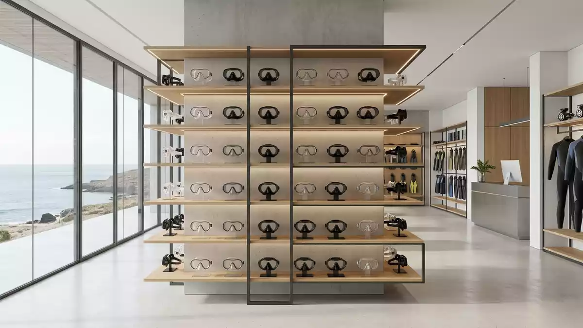 Architektur-Render im Tauchgeschaeft mit Tauchmaske im Ausstellungsbereich, neutral