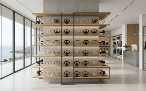 Architektur-Render im Tauchgeschaeft mit Tauchmaske zum Thema Cressi F1 Tauchmaske Silikon, neutrales Tageslicht - Foto: THN