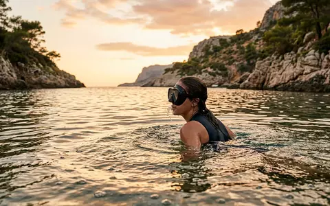 Fotorealistische Aufnahme von Tauchmaske in der Bucht zum Thema Cressi F1 Tauchmaske Silikon, warmes Abendlicht - Foto: THN