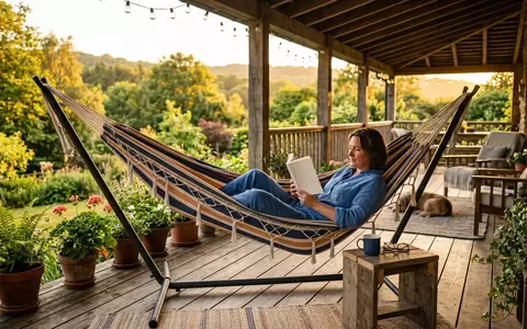 Fotorealistische Aufnahme von Haengematte auf der Veranda zum Thema Beliani Hängematte mit Gestell, warmes Abendlicht - Foto: THN
