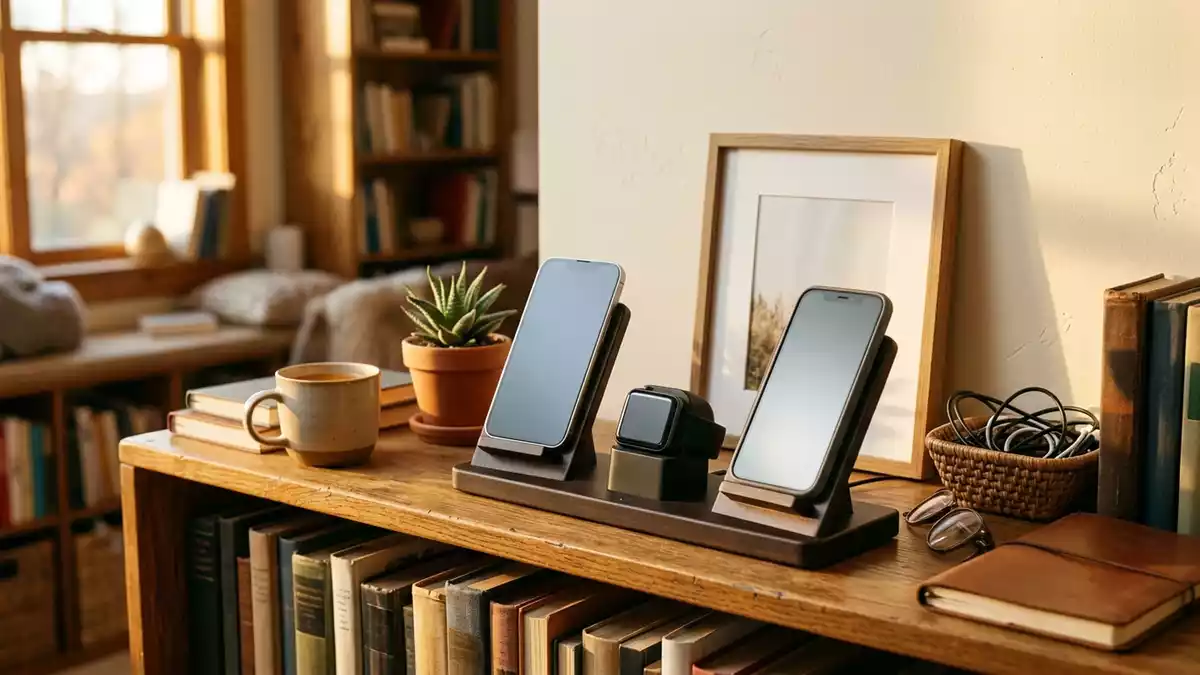 Fotorealistische Ansicht von Ladestation im Arbeitszimmer in warmem Abendlicht