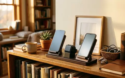 Fotorealistische Aufnahme von Ladestation im Arbeitszimmer zum Thema Belkin BoostCharge Pro MagSafe, warmes Abendlicht - Foto: THN