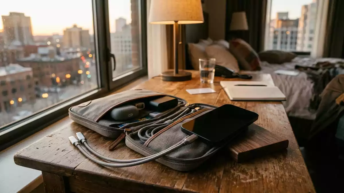 Fotorealistische Ansicht von Ladekabel im Hotelzimmer in warmem Abendlicht, neutral