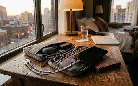 Fotorealistische Aufnahme von Ladekabel im Hotelzimmer zum Thema Belkin USB-C auf Lightning, warmes Abendlicht - Foto: THN