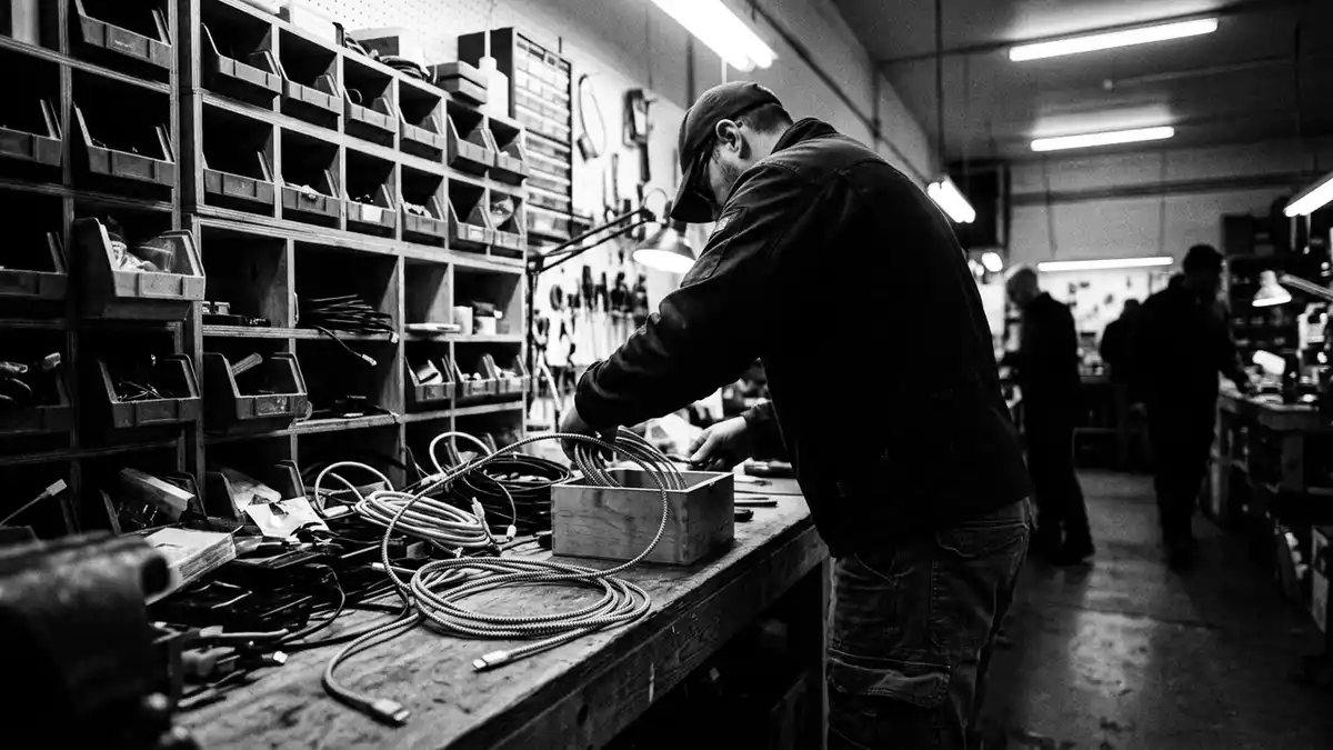 Schwarzweiss-Reportagebild mit Ladekabel in dokumentarischer Arbeitsumgebung, neutral