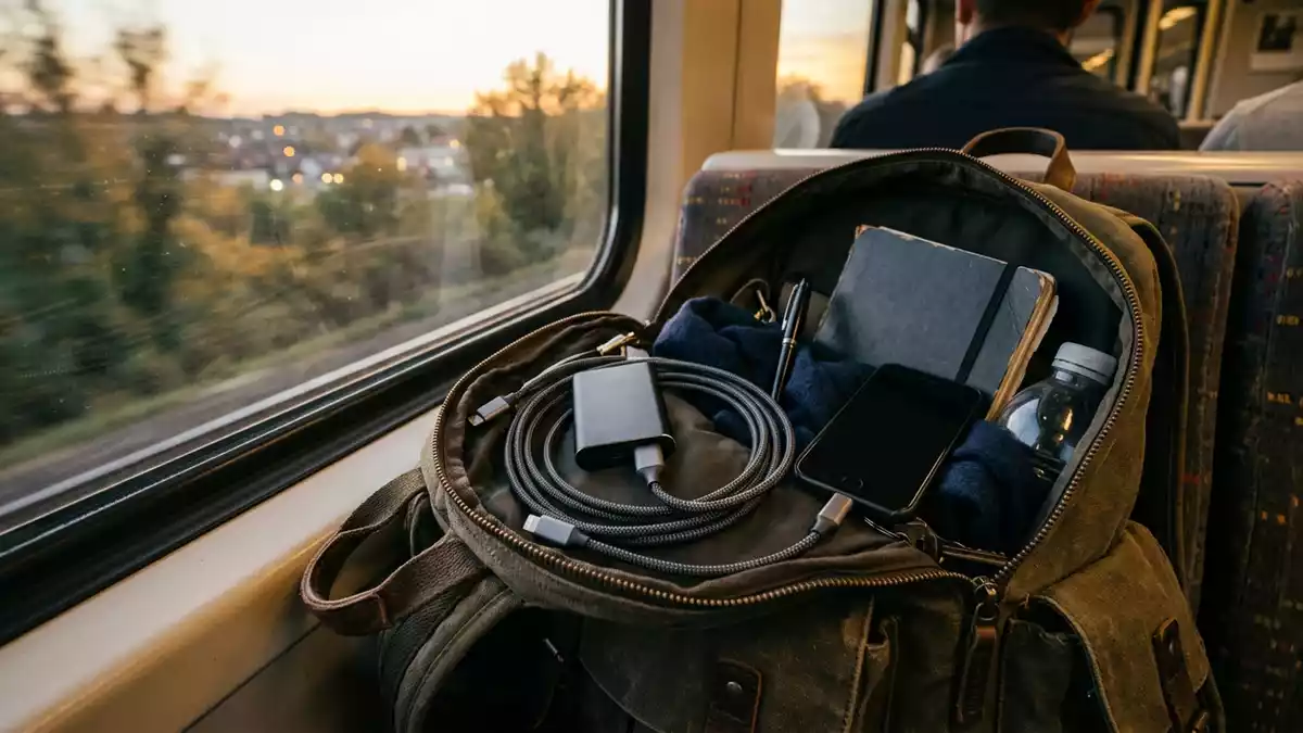 Fotorealistische Ansicht von Ladekabel auf Reisen in warmem Abendlicht, neutral