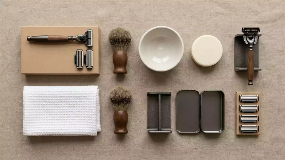 Flatlay-Arrangement rund um Systemrasierer mit passenden Requisiten von oben, neutral