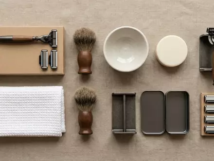 Flatlay-Arrangement rund um Systemrasierer zum Thema Gillette Fusion5 ProGlide Rasierer, weiches Oberlicht - Foto: THN