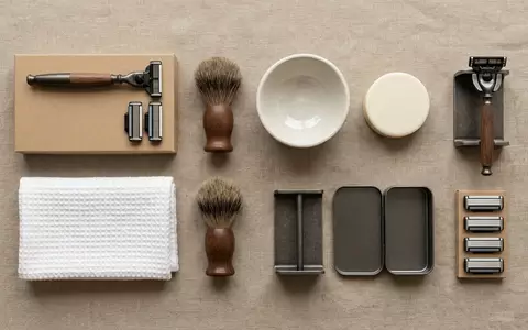 Flatlay-Arrangement rund um Systemrasierer zum Thema Gillette Fusion5 ProGlide Rasierer, weiches Oberlicht - Foto: THN