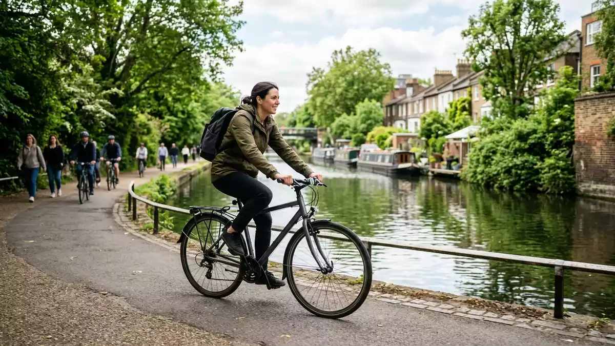 Fotorealistische Ansicht von Cityrad am Kanal in realer Umgebung, sachlich dargestellt