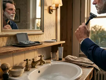 Fotorealistische Aufnahme von Rasierklingen am Waschbecken zum Thema Gillette Fusion5 ProGlide Klingen, warmes Abendlicht - Foto: THN