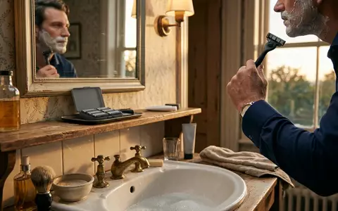 Fotorealistische Aufnahme von Rasierklingen am Waschbecken zum Thema Gillette Fusion5 ProGlide Klingen, warmes Abendlicht - Foto: THN