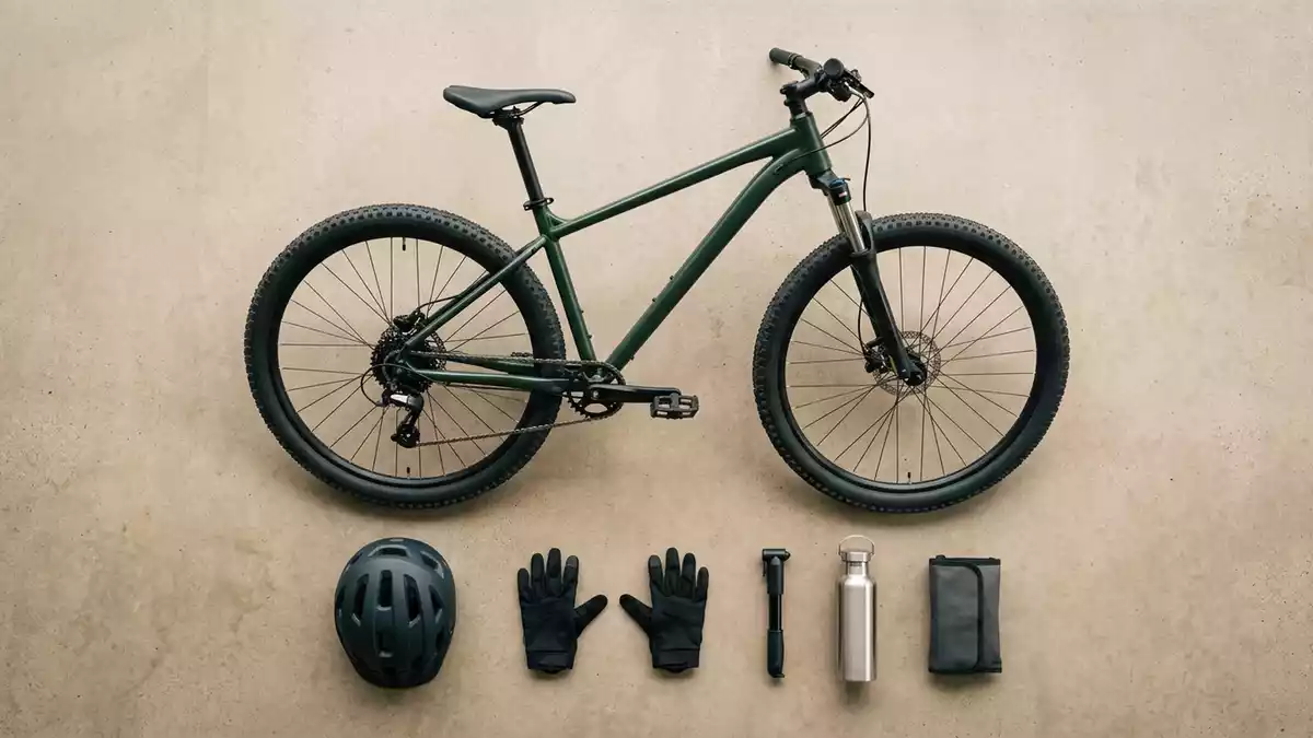 Flatlay-Arrangement rund um Mountainbike mit passenden Requisiten von oben, neutral