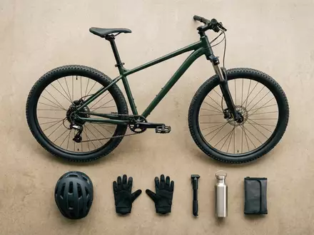 Flatlay-Arrangement rund um Mountainbike zum Thema Giant Talon 3 Mountainbike, weiches Oberlicht - Foto: THN