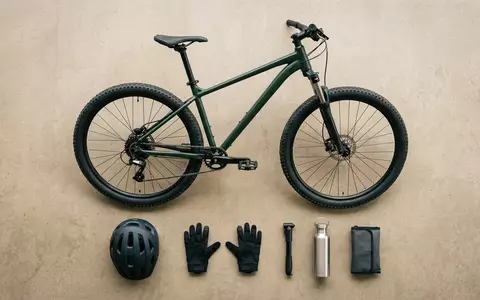 Flatlay-Arrangement rund um Mountainbike zum Thema Giant Talon 3 Mountainbike, weiches Oberlicht - Foto: THN