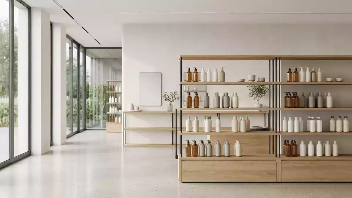 Architektur-Render im Kosmetikfachhandel mit Shampoo im Ausstellungsbereich, neutral