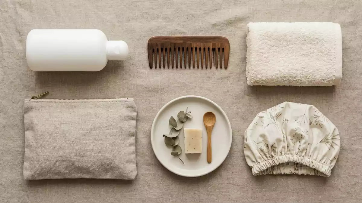 Flatlay-Arrangement rund um Shampoo mit passenden Requisiten von oben, neutral