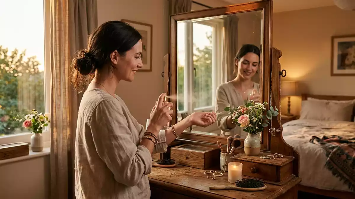 Fotorealistische Ansicht von Eau de Parfum am Spiegel in warmem Abendlicht, neutral