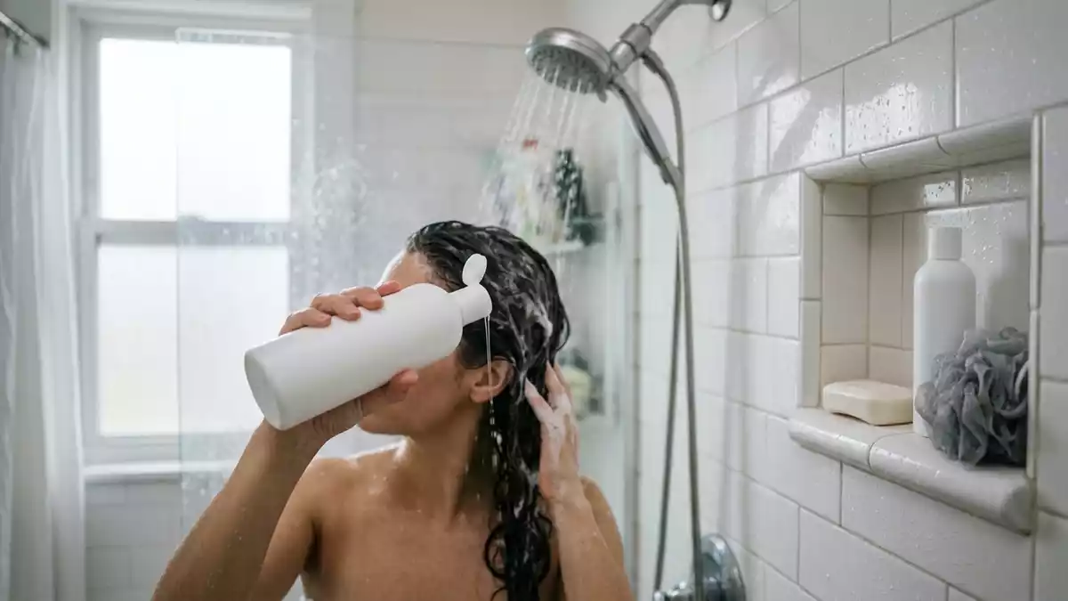 Fotorealistische Ansicht von Peelingshampoo in der Dusche in realer Umgebung, neutral