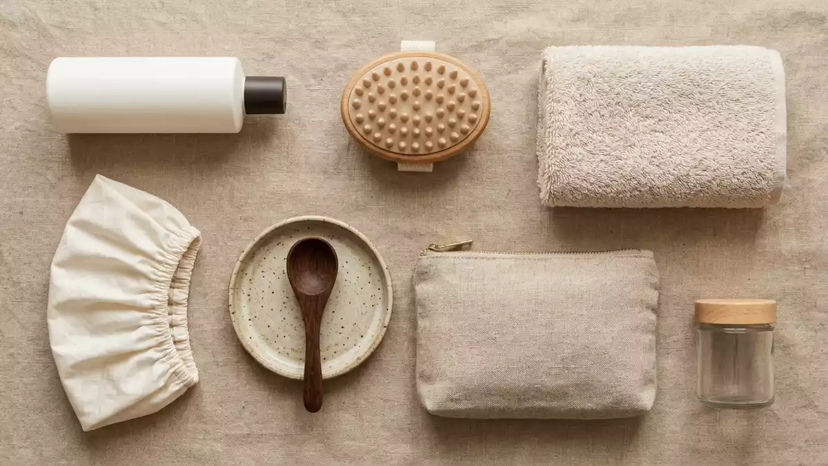 Flatlay-Arrangement rund um Peelingshampoo mit passenden Requisiten von oben, neutral