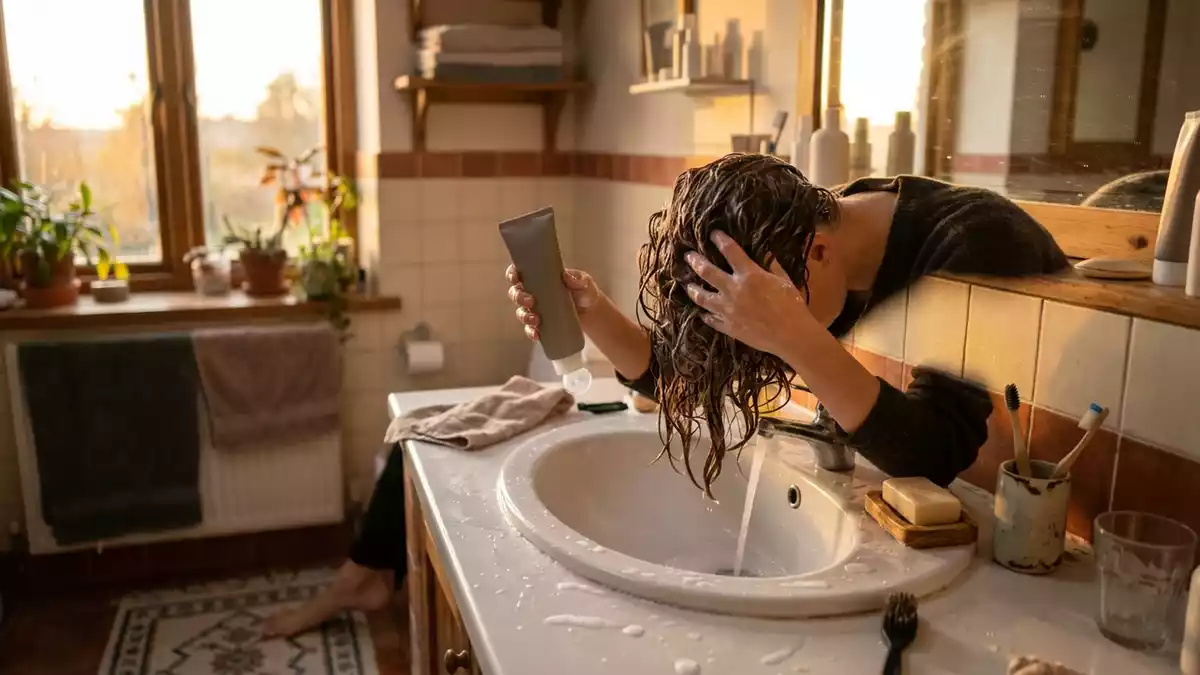 Fotorealistische Ansicht von Peelingshampoo im Badezimmer in warmem Abendlicht