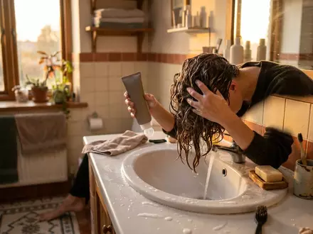 Fotorealistische Aufnahme von Peelingshampoo im Badezimmer zum Thema Aveda Invati Advanced Exfoliating, warmes Abendlicht - Foto: THN