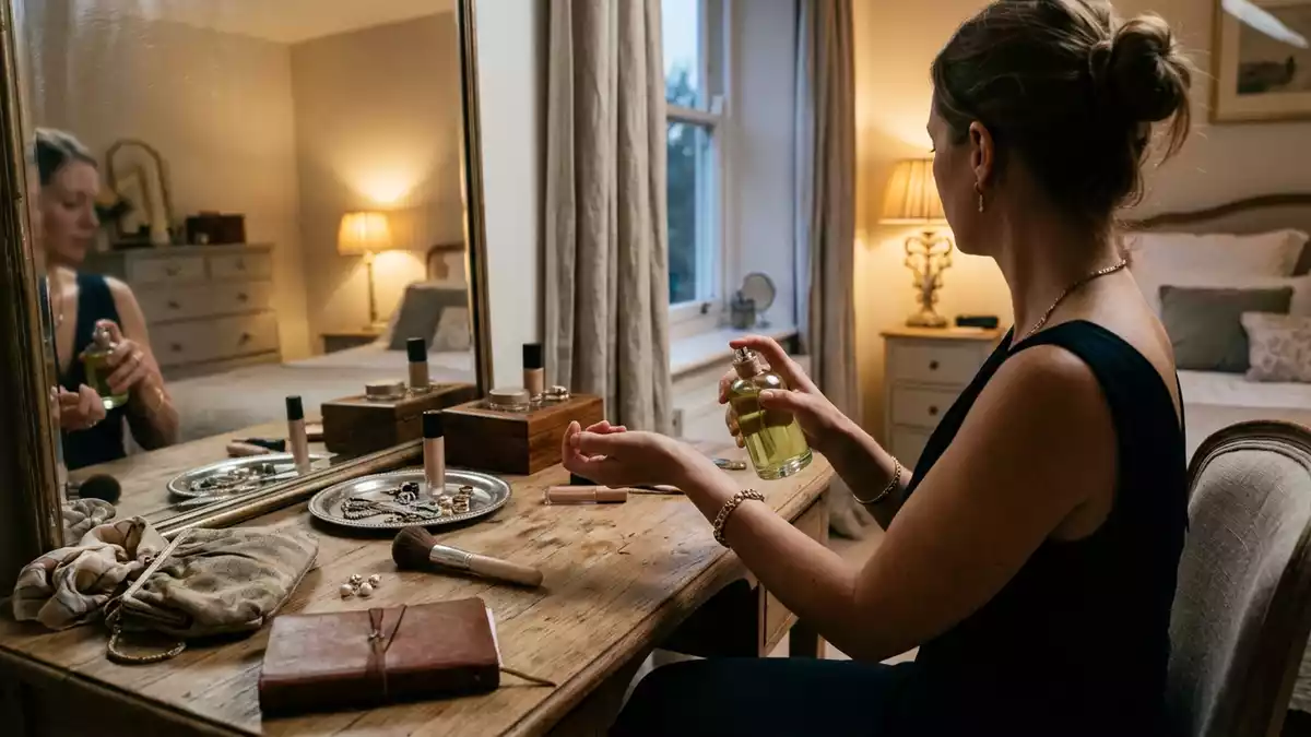 Fotorealistische Ansicht von Eau de Cologne am Schminktisch in realer Umgebung