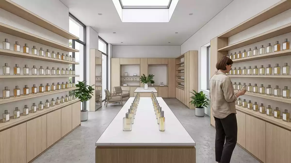 Architektur-Render im Parfuemeriefachhandel mit Eau de Cologne im Ausstellungsbereich