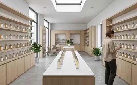 Architektur-Render im Parfuemeriefachhandel mit Eau de Cologne zum Thema Jo Malone Wood Sage, neutrales Tageslicht - Foto: THN