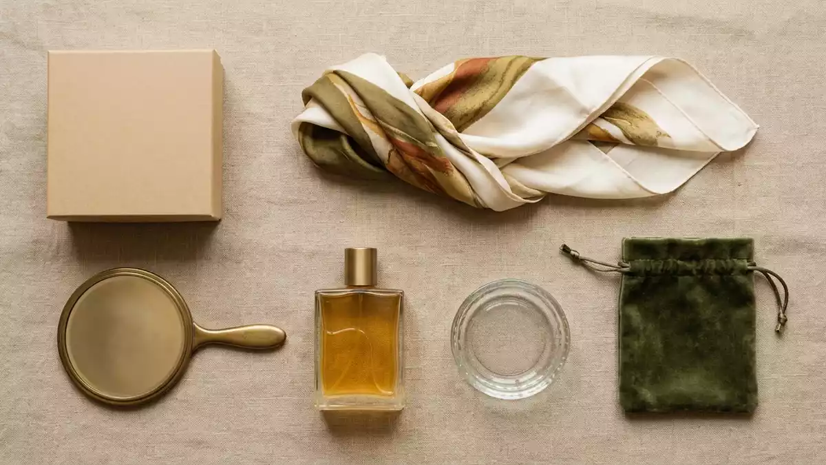 Flatlay-Arrangement rund um Eau de Cologne mit passenden Requisiten von oben, neutral