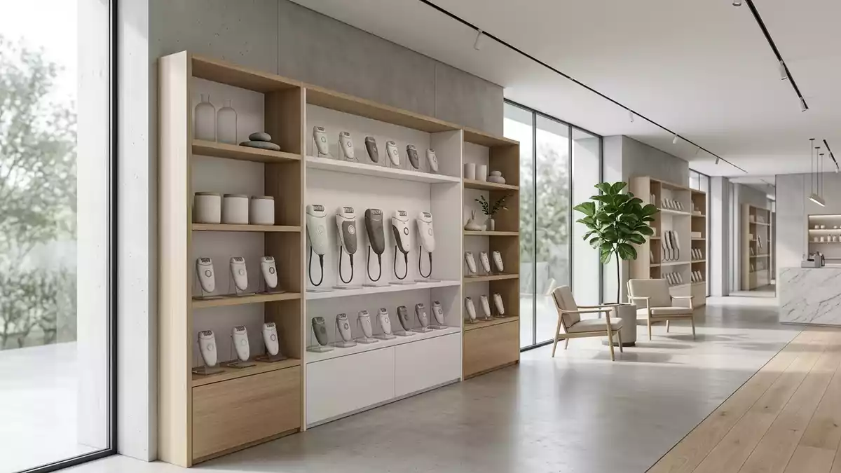 Architektur-Render im Kosmetikgeschaeft mit Epilierer im Ausstellungsbereich, neutral