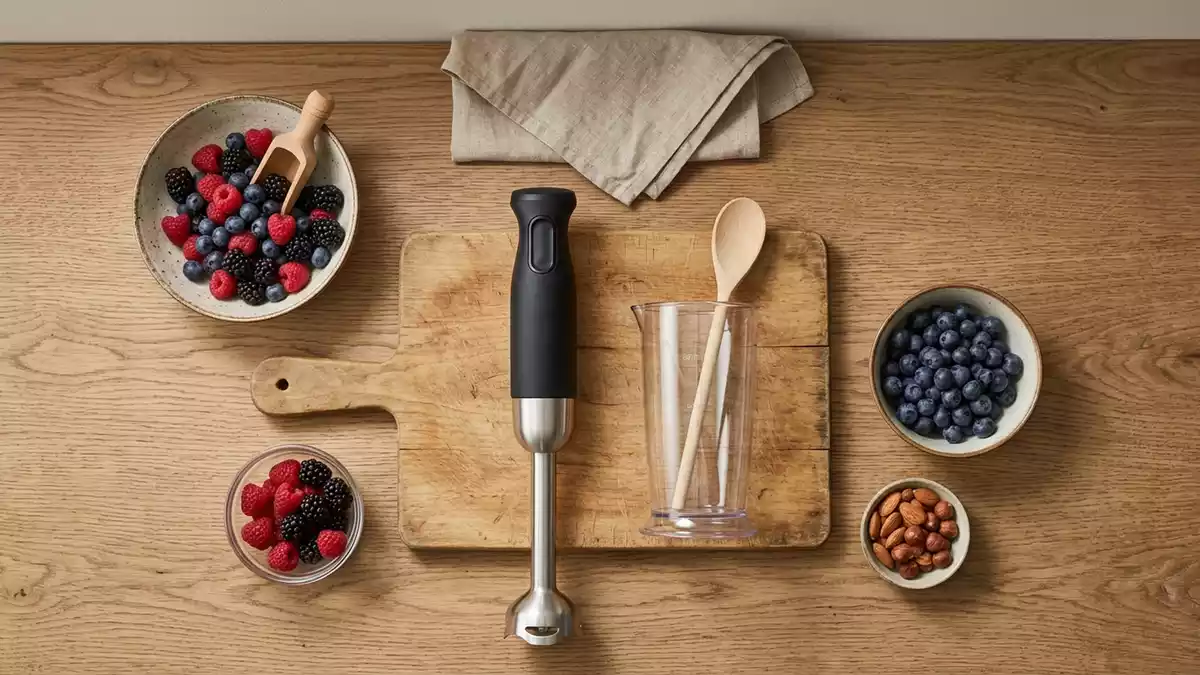 Flatlay-Arrangement rund um Stabmixer mit passenden Requisiten von oben, neutral