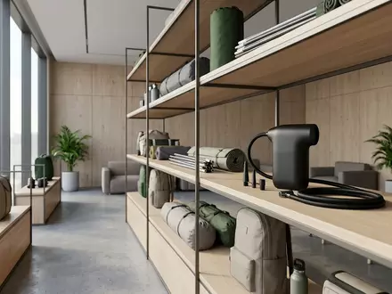 Architektur-Render im Outdoorfachgeschaeft mit Elektrische Luftpumpe zum Thema Bravo Elettrica Batteriepumpe SUP, neutrales Tageslicht - Foto: THN