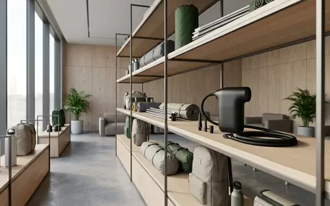 Architektur-Render im Outdoorfachgeschaeft mit Elektrische Luftpumpe zum Thema Bravo Elettrica Batteriepumpe SUP, neutrales Tageslicht - Foto: THN