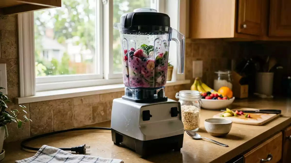 Fotorealistische Ansicht von Standmixer in der Kueche in realer Umgebung, neutral