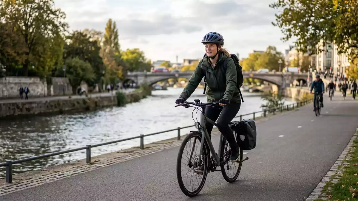 Fotorealistische Ansicht von Fahrradhelm am Flussradweg in realer Umgebung, neutral